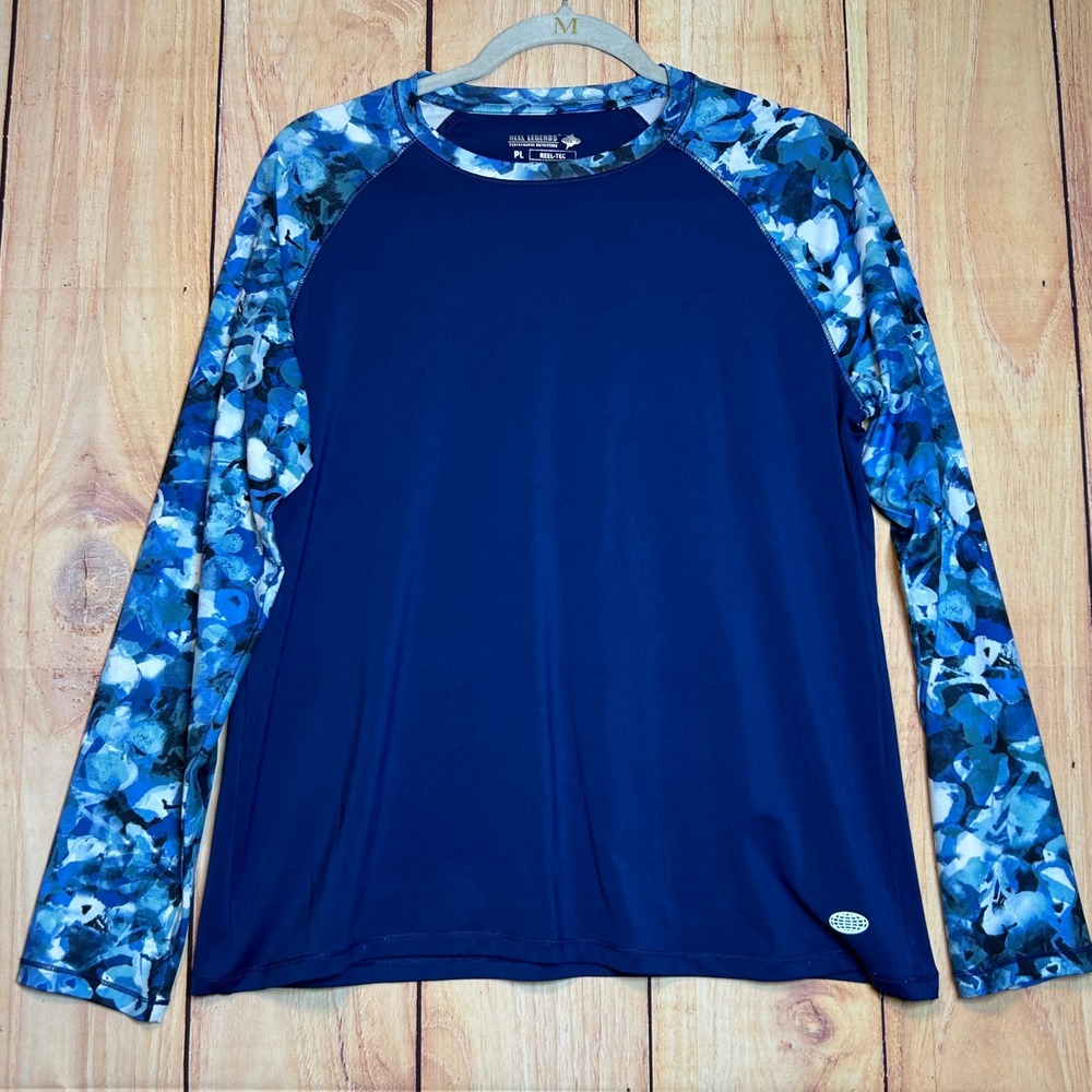 Reel Legends Reel-Tec Shirt Women PL Blue Floral Raglan Performance Coastal Wear